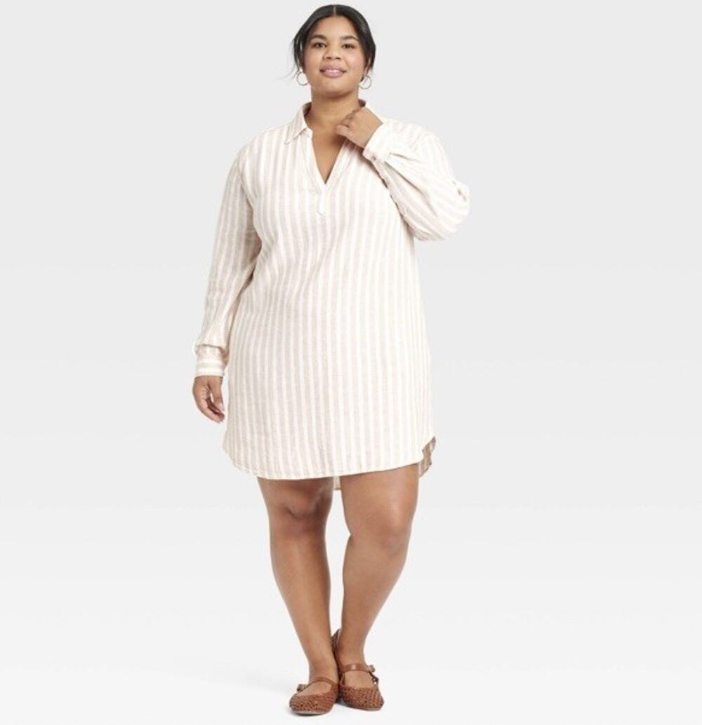 Universal Thread Women’s Long Sleeve Popover Tunic Dress Striped Size XXL Linen